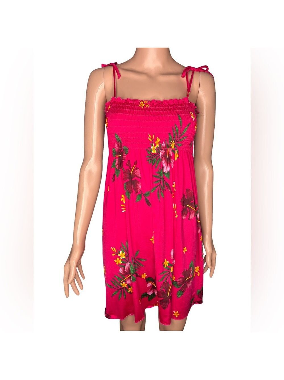Floral Pink Sleeveless Mini Dress Size 12 - Smocked, Shoulder Ties